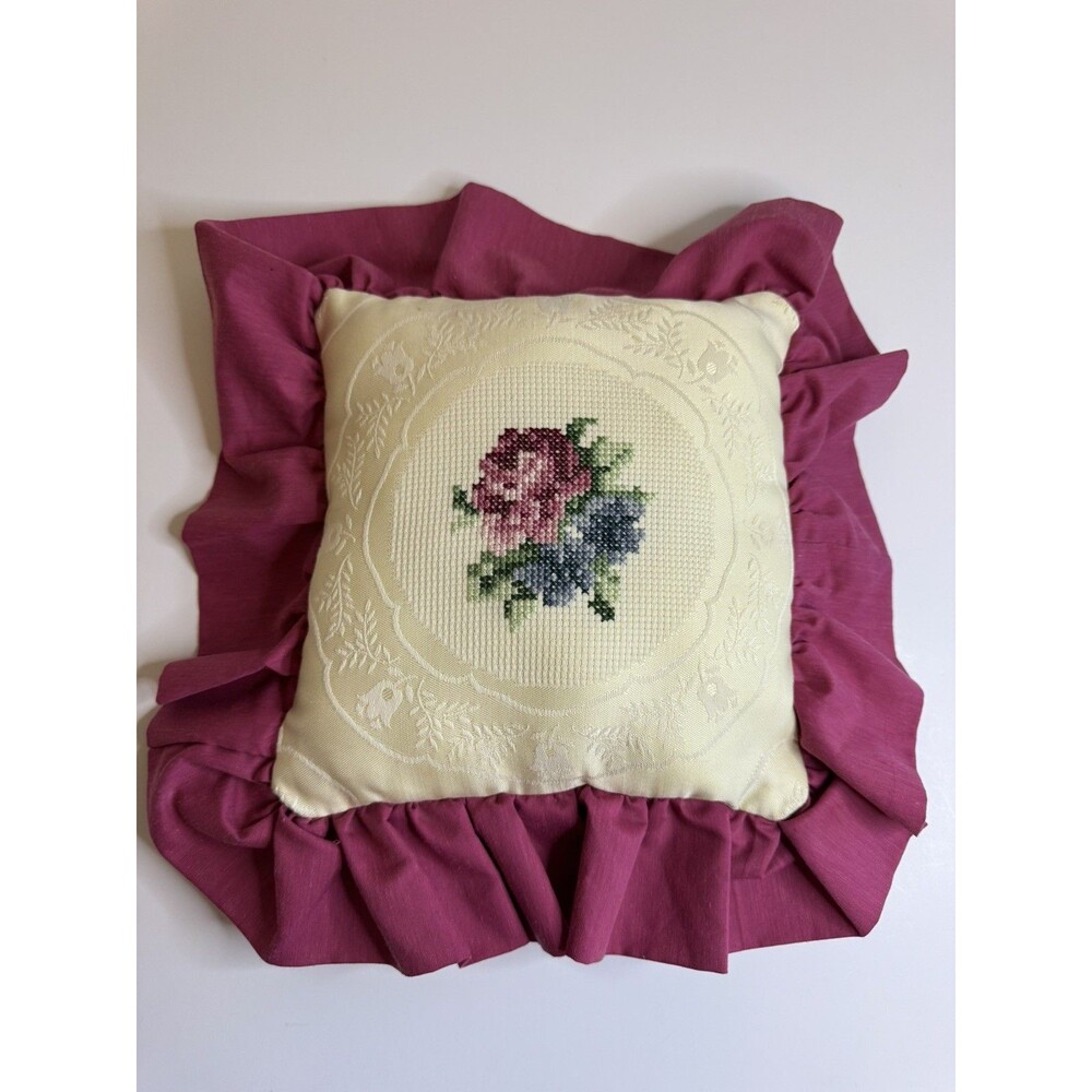 Vtg Cross Stitch Needlepoint Throw Pillow Pink Rose Bouquet BorderMagenta Ruffle